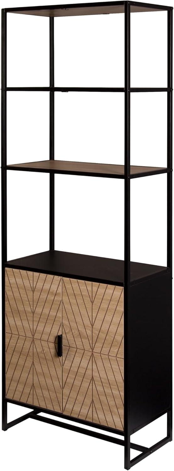 Bali Coastal Modern 6-Tier Book Shelf with Storage, Black with Natural Wood