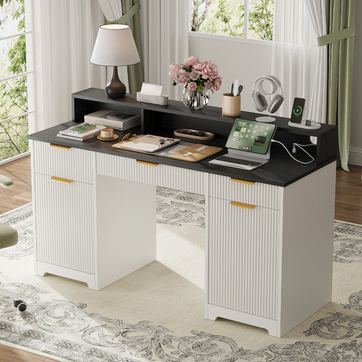 Executive Office Desk Computer Table with Power Outlets and Monitor Stand, Writing Desk with Keyboard Storage Drawer and File Cabinets for Home Office