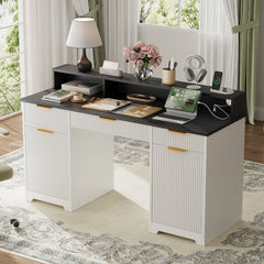 Executive Office Desk Computer Table with Power Outlets and Monitor Stand, Writing Desk with Keyboard Storage Drawer and File Cabinets for Home Office