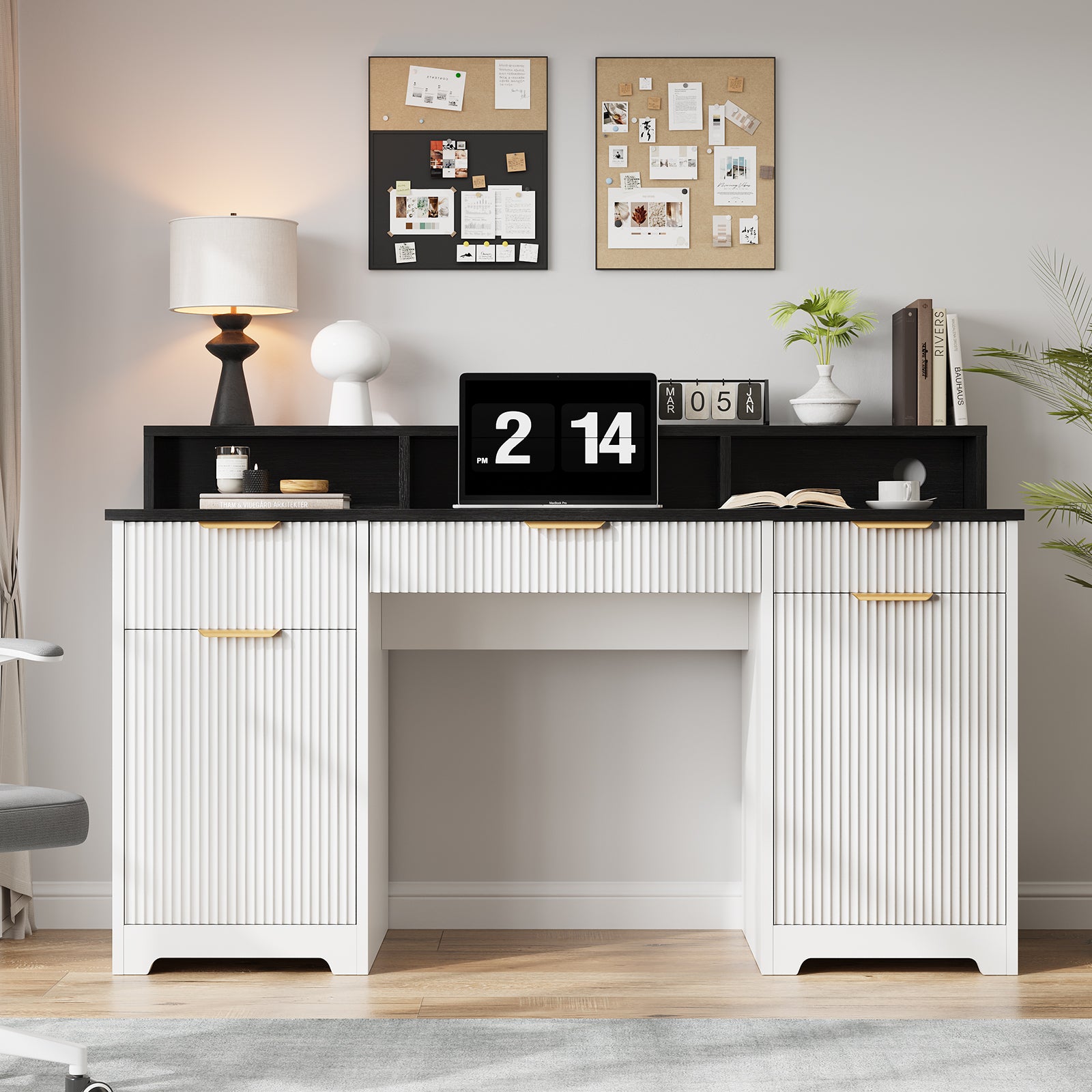 Executive Office Desk Computer Table with Power Outlets and Monitor Stand, Writing Desk with Keyboard Storage Drawer and File Cabinets for Home Office