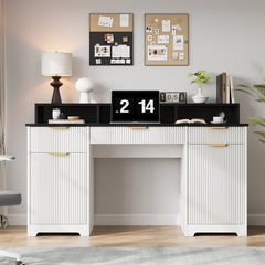 Executive Office Desk Computer Table with Power Outlets and Monitor Stand, Writing Desk with Keyboard Storage Drawer and File Cabinets for Home Office