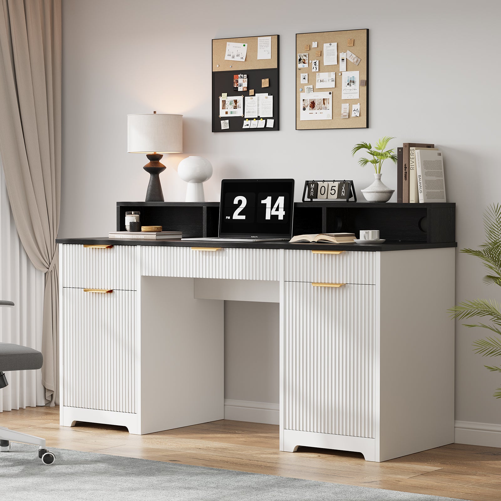Executive Office Desk Computer Table with Power Outlets and Monitor Stand, Writing Desk with Keyboard Storage Drawer and File Cabinets for Home Office