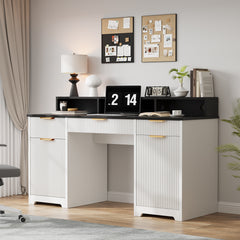 Executive Office Desk Computer Table with Power Outlets and Monitor Stand, Writing Desk with Keyboard Storage Drawer and File Cabinets for Home Office