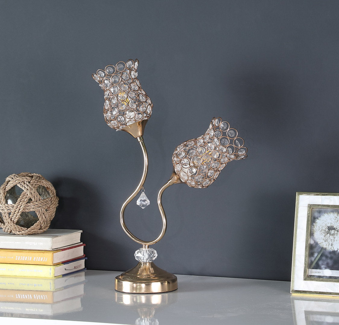 18.75" Rose Gold 2-Floral Trumpet Glam Metal Table Lamp