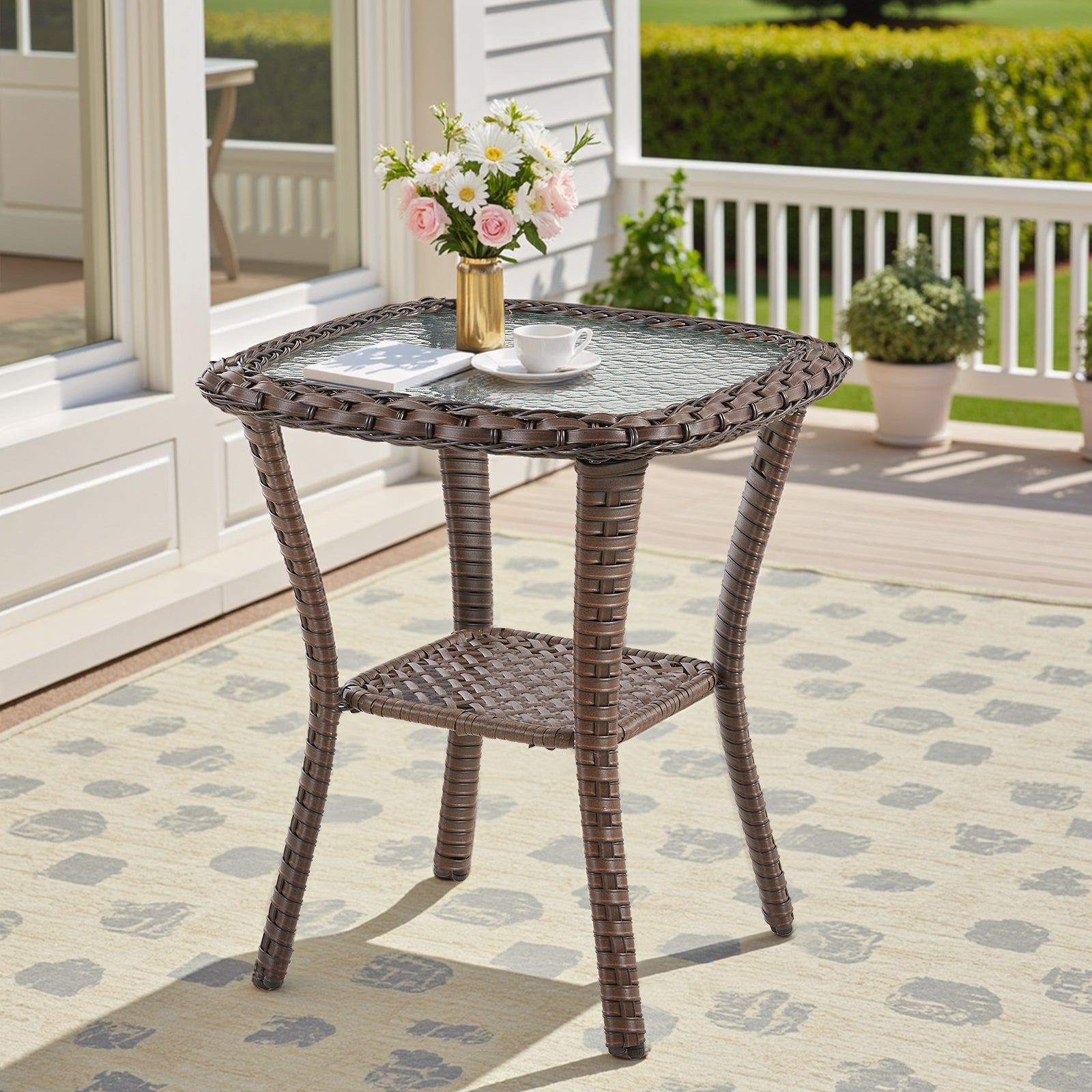 Outdoor Wicker Side Table,23x20x20 inch All Weather Rattan Small Patio Table Square End Table for Pool Balcony Deck Porch, Brown