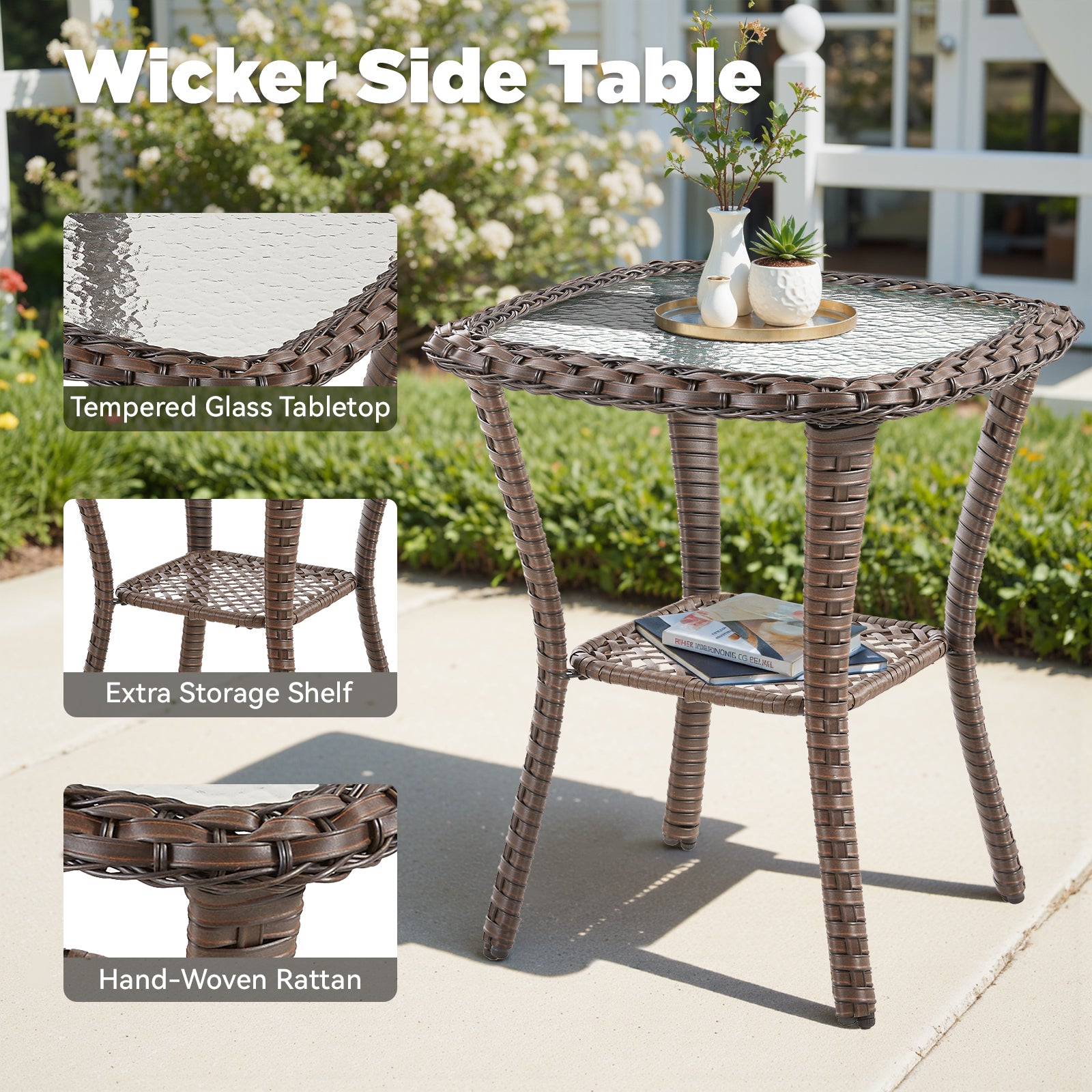 Outdoor Wicker Side Table,23x20x20 inch All Weather Rattan Small Patio Table Square End Table for Pool Balcony Deck Porch, Brown