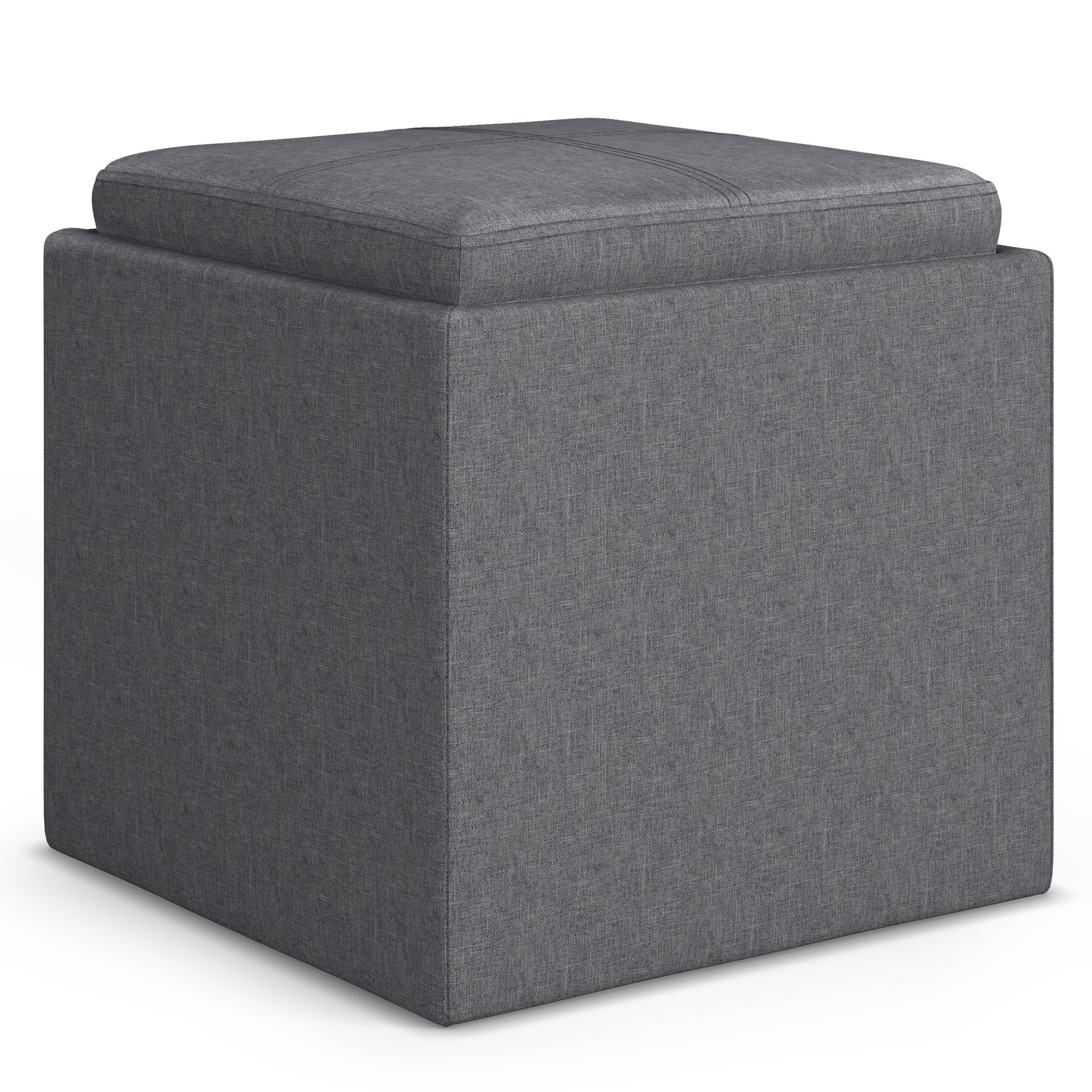 Rockwood 17 inch Wide Cube Storage Ottoman with Tray in Slate Grey Linen-Look Fabric