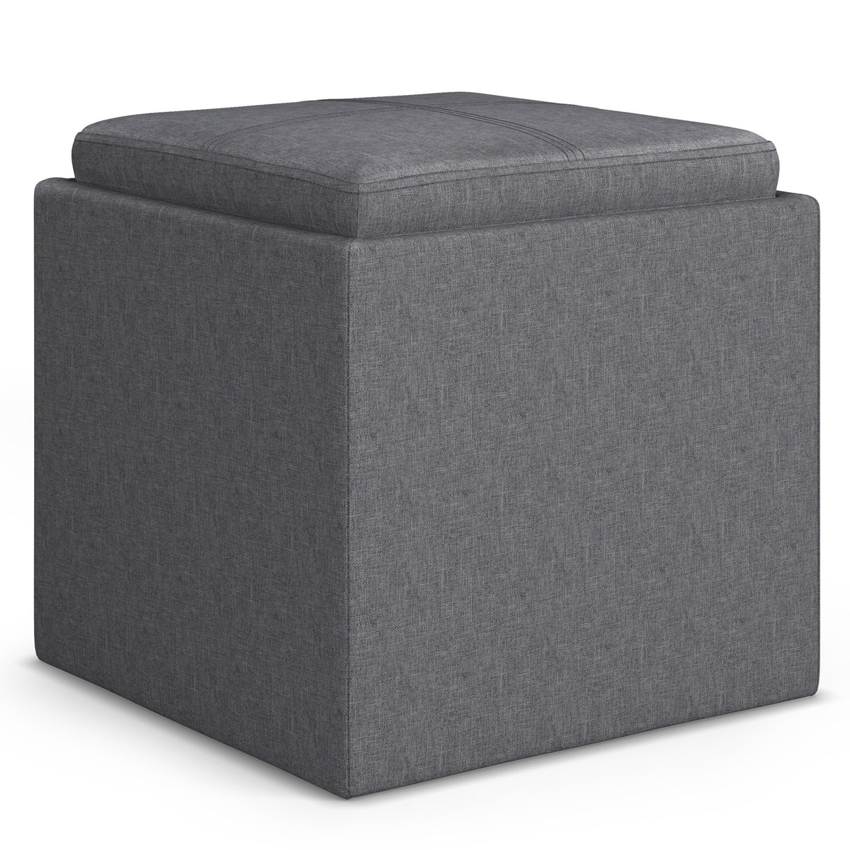 Rockwood 17 inch Wide Cube Storage Ottoman with Tray in Slate Grey Linen-Look Fabric
