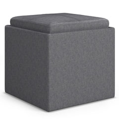 Rockwood 17 inch Wide Cube Storage Ottoman with Tray in Slate Grey Linen-Look Fabric