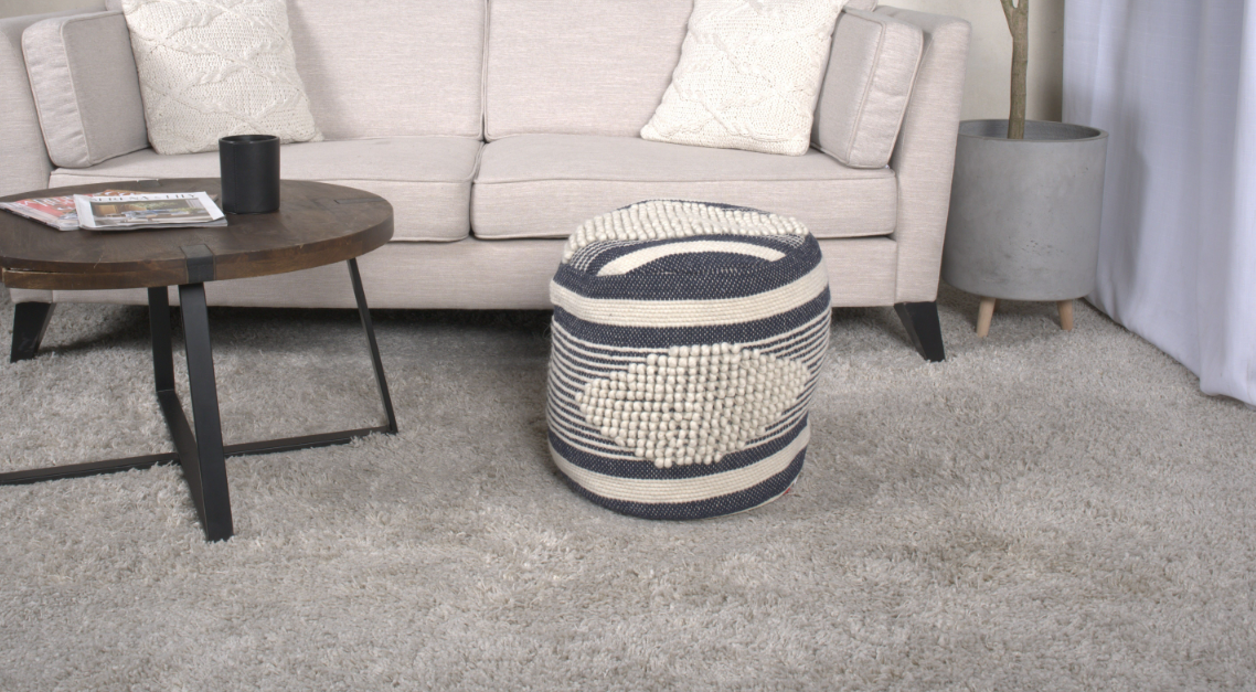 Diamond Handcrafted Fabric Cylindrical Pouf, White and Dark Blue