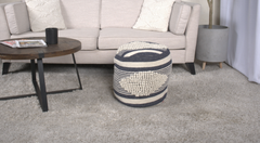 Diamond Handcrafted Fabric Cylindrical Pouf, White and Dark Blue