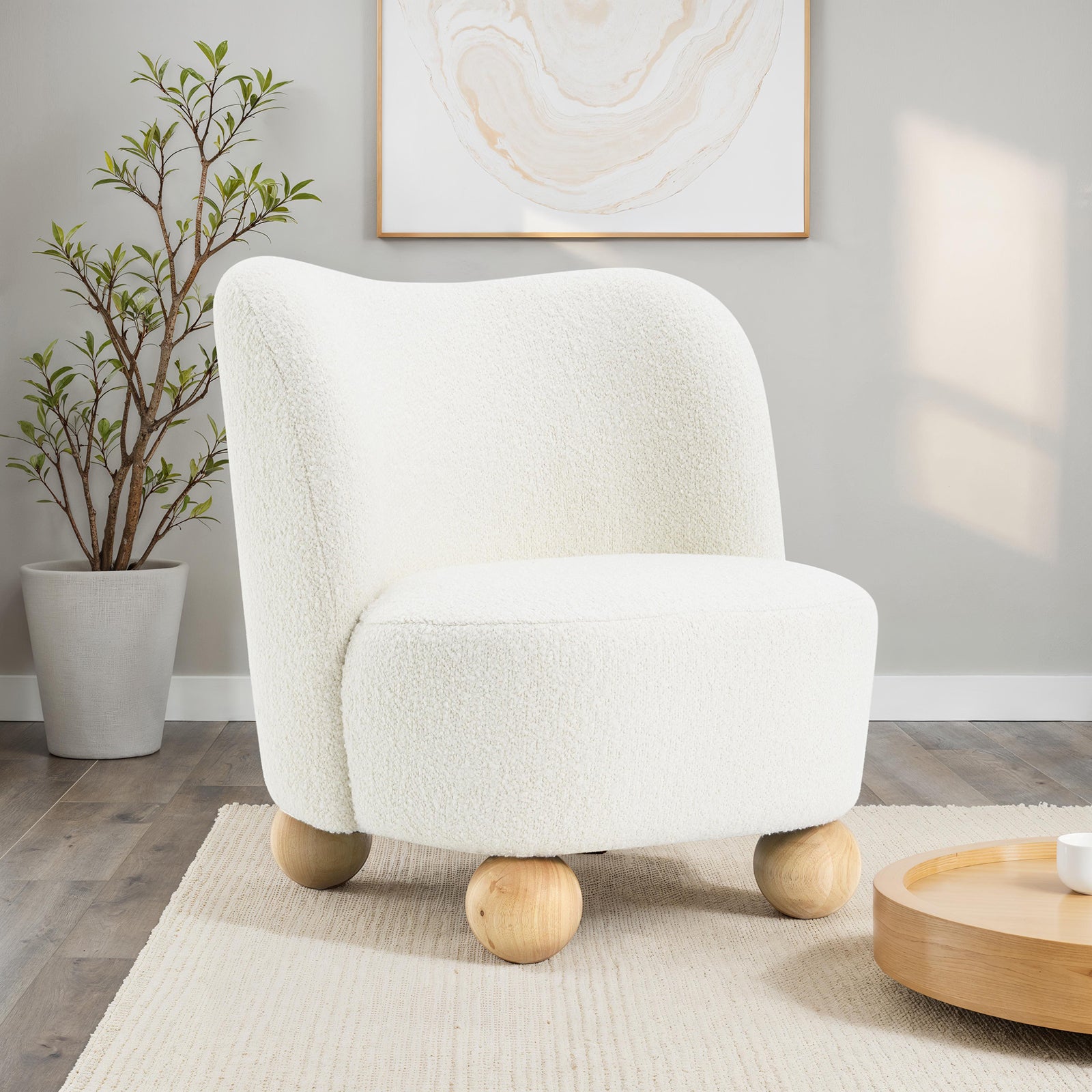 1pc Accent Chair Curved Back Ball Feet Upholstered In Boucle Feet Wide Seat White Finish Primary living Room