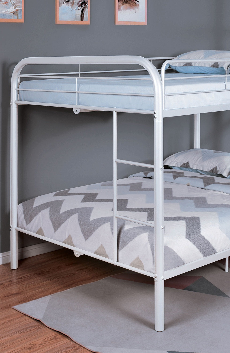 Full Over Full Metal Bunk Bed Contemporary Style With Angled Ladder, White