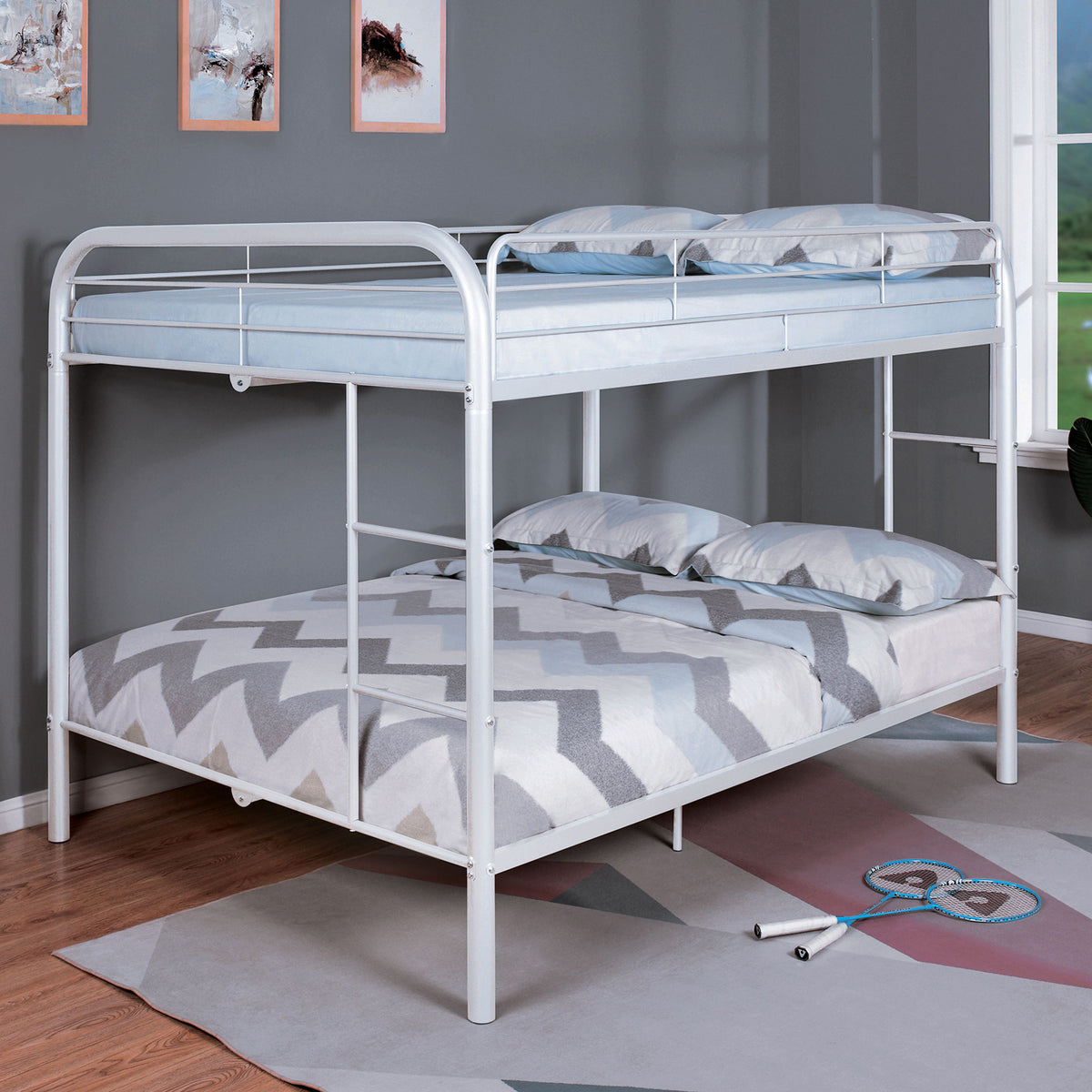 Full Over Full Metal Bunk Bed Contemporary Style With Angled Ladder, White