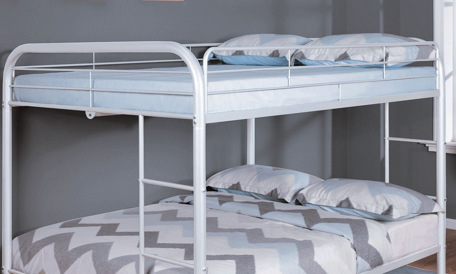 Full Over Full Metal Bunk Bed Contemporary Style With Angled Ladder, White