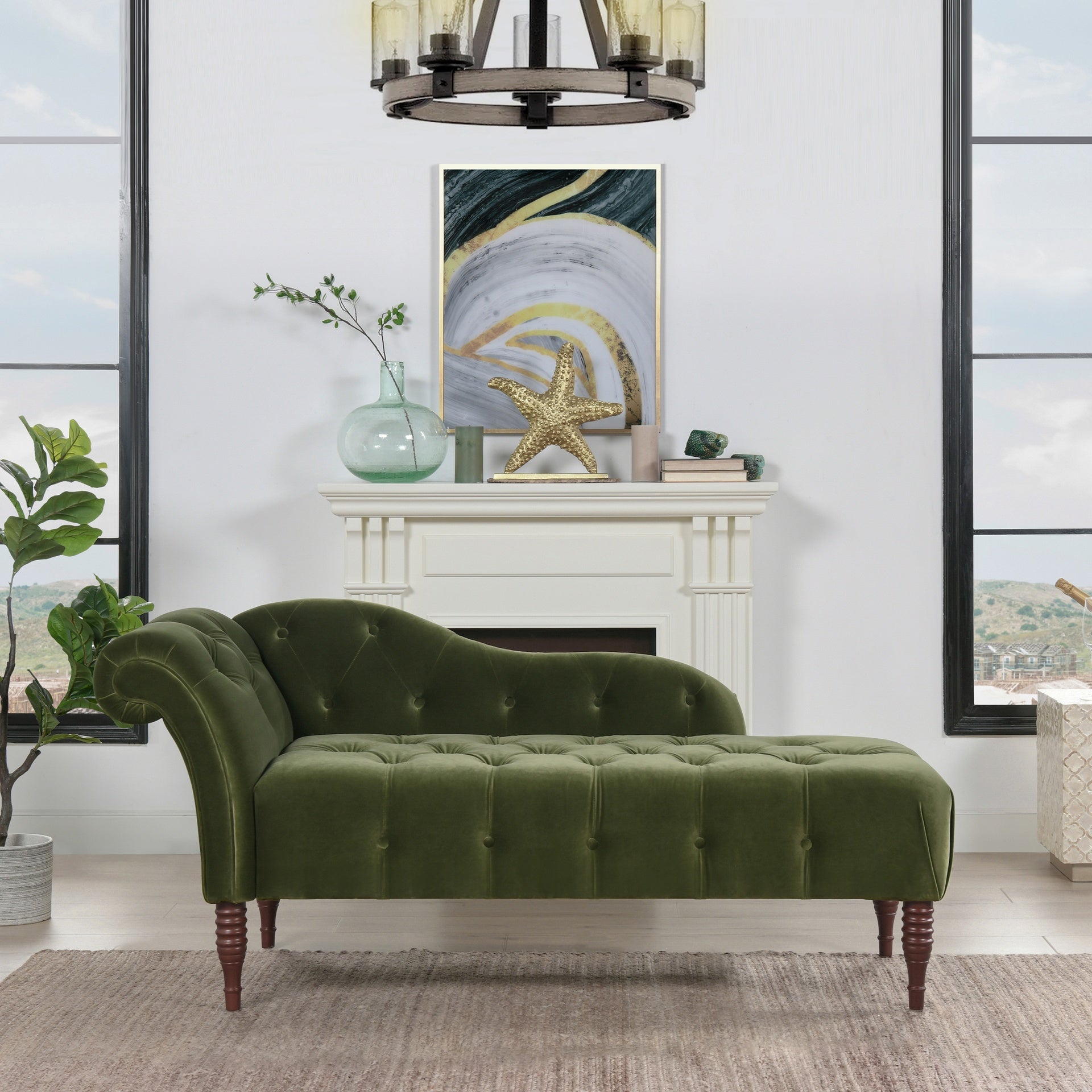 Samuel Tufted Roll Arm Chaise Lounge, Olive Green Performance Velvet