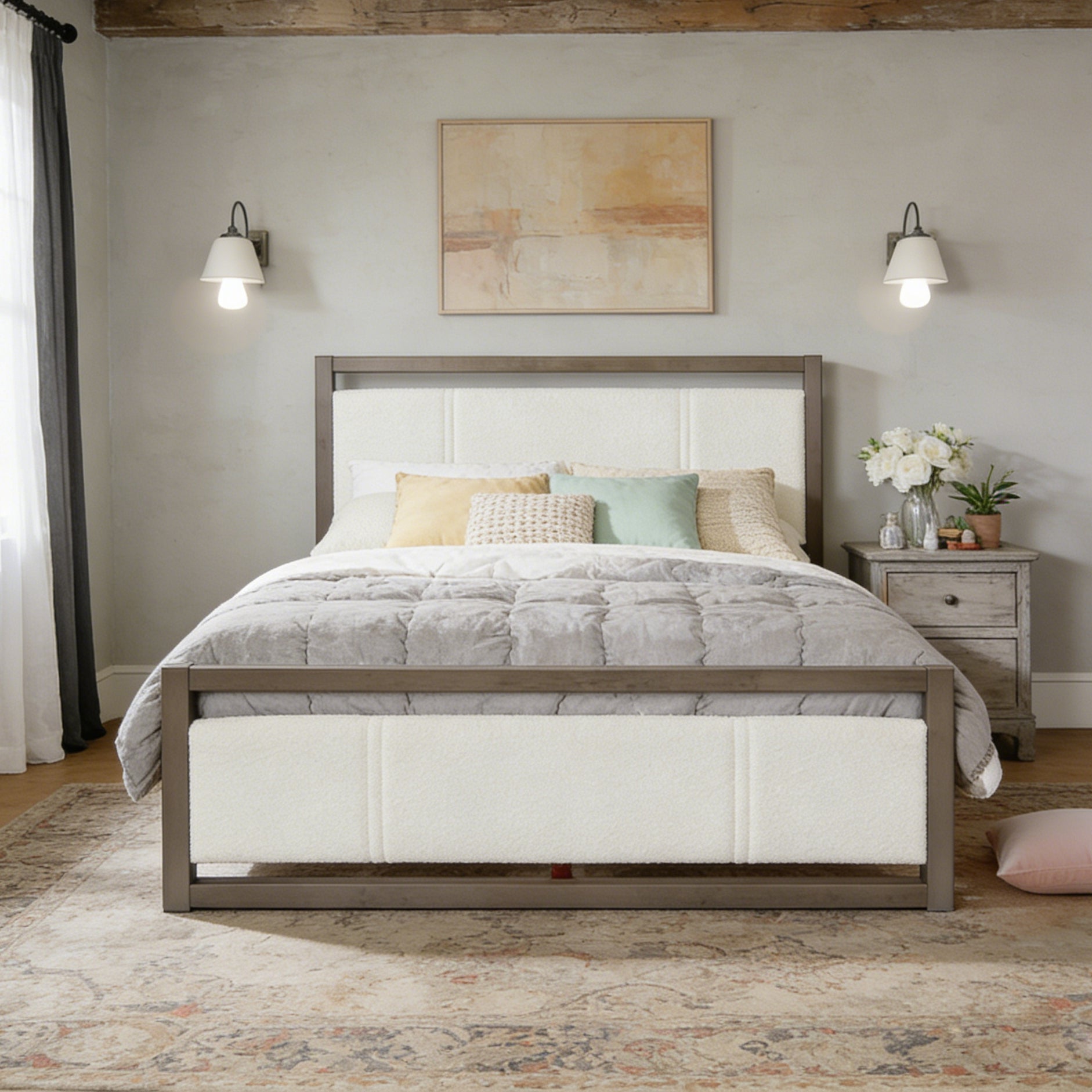 Queen Bed with Ivory Boucle Fabric Headboard, Wood Frame