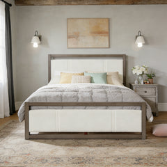 Queen Bed with Ivory Boucle Fabric Headboard, Wood Frame
