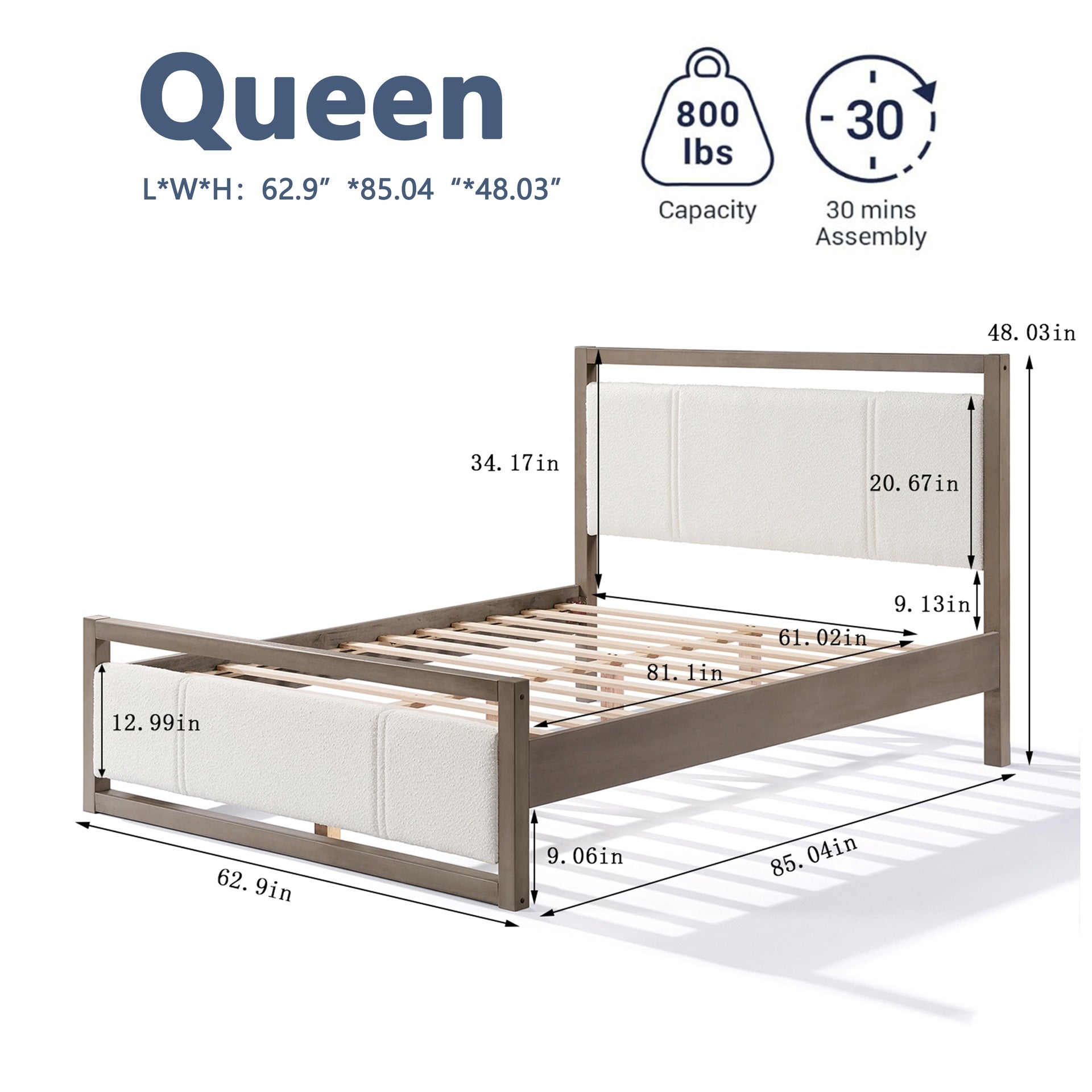 Queen Bed with Ivory Boucle Fabric Headboard, Wood Frame