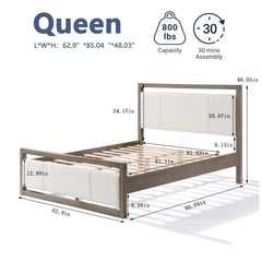 Queen Bed with Ivory Boucle Fabric Headboard, Wood Frame