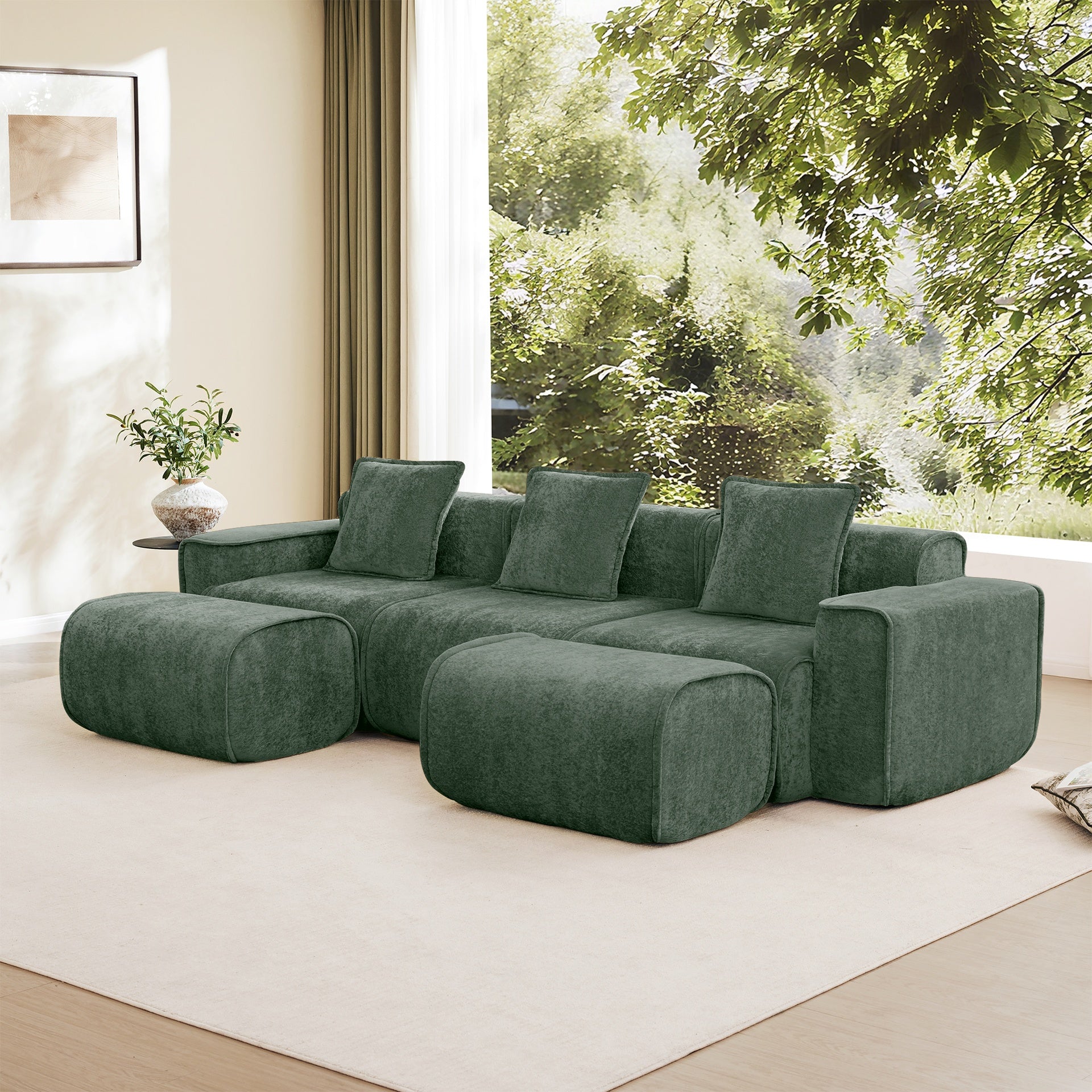 Streamlined Design Modular 3 Seat U Shape Sectional Boneless Sofa with French Edge Piping, No Assembly Required,3-Seat Sofa Couch with Throw Pillows and 2 Movable Ottomans, Velvet Fabric Green