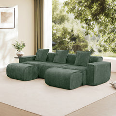 Streamlined Design Modular 3 Seat U Shape Sectional Boneless Sofa with French Edge Piping, No Assembly Required,3-Seat Sofa Couch with Throw Pillows and 2 Movable Ottomans, Velvet Fabric Green