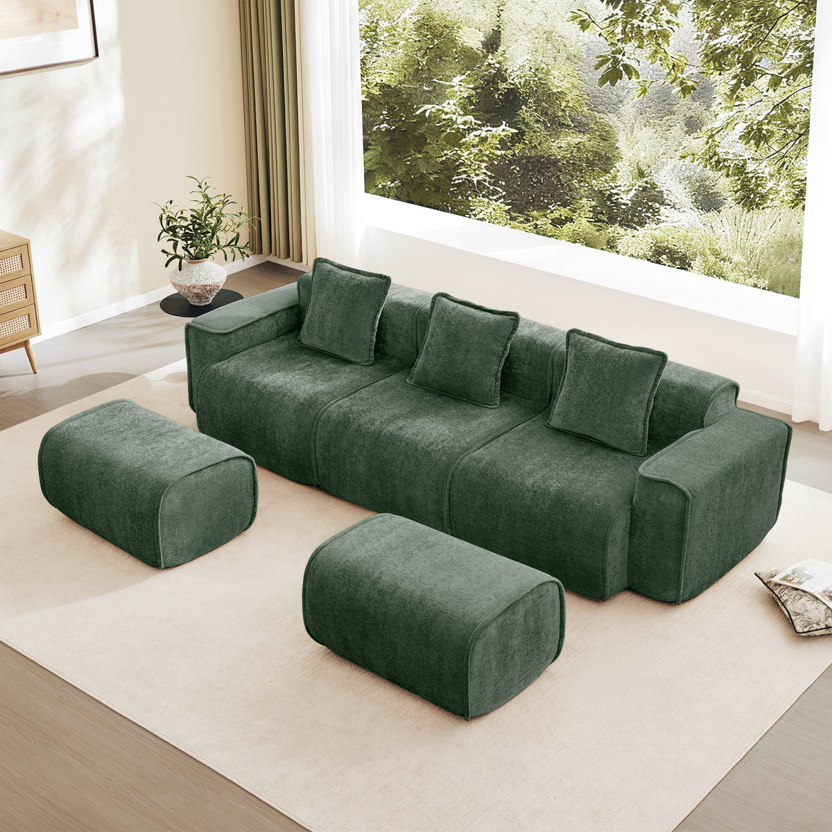 Streamlined Design Modular 3 Seat U Shape Sectional Boneless Sofa with French Edge Piping, No Assembly Required,3-Seat Sofa Couch with Throw Pillows and 2 Movable Ottomans, Velvet Fabric Green
