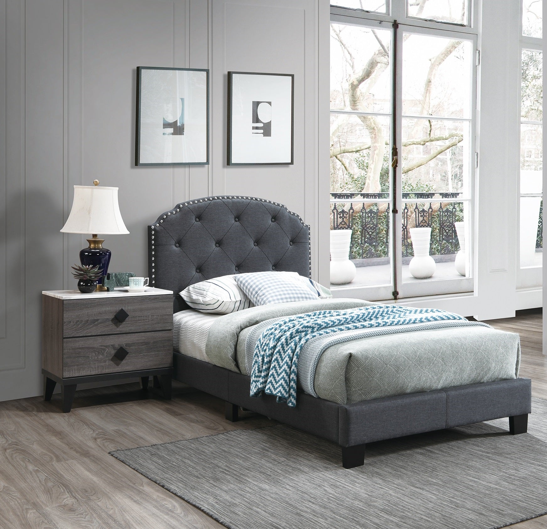 Twin Size 1pc Bed Nailhead Trim Button Tufted Burlap Fabric Charcoal Finish Bedroom Furniture