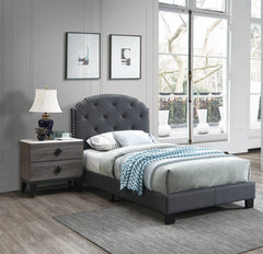 Twin Size 1pc Bed Nailhead Trim Button Tufted Burlap Fabric Charcoal Finish Bedroom Furniture