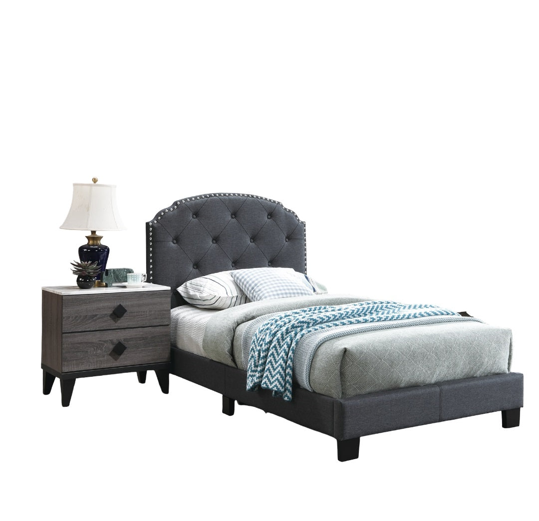Twin Size 1pc Bed Nailhead Trim Button Tufted Burlap Fabric Charcoal Finish Bedroom Furniture