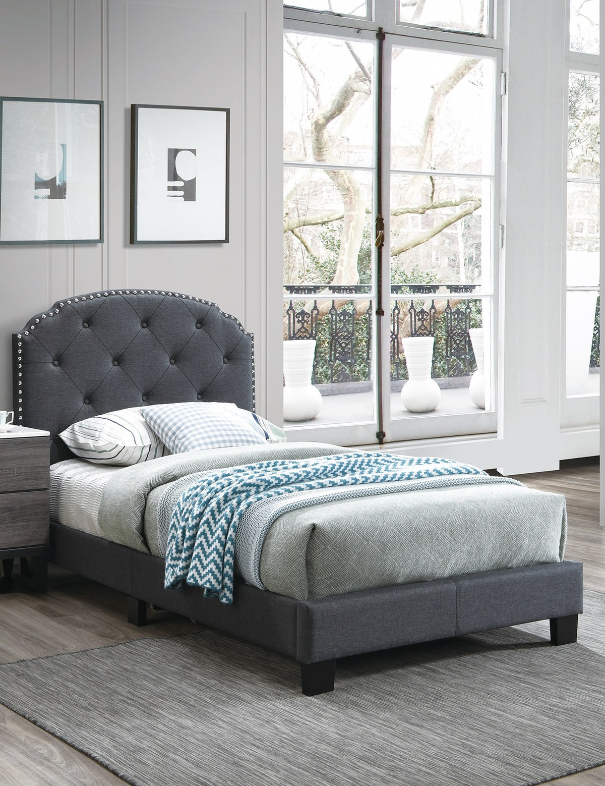 Twin Size 1pc Bed Nailhead Trim Button Tufted Burlap Fabric Charcoal Finish Bedroom Furniture