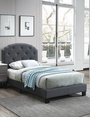 Twin Size 1pc Bed Nailhead Trim Button Tufted Burlap Fabric Charcoal Finish Bedroom Furniture