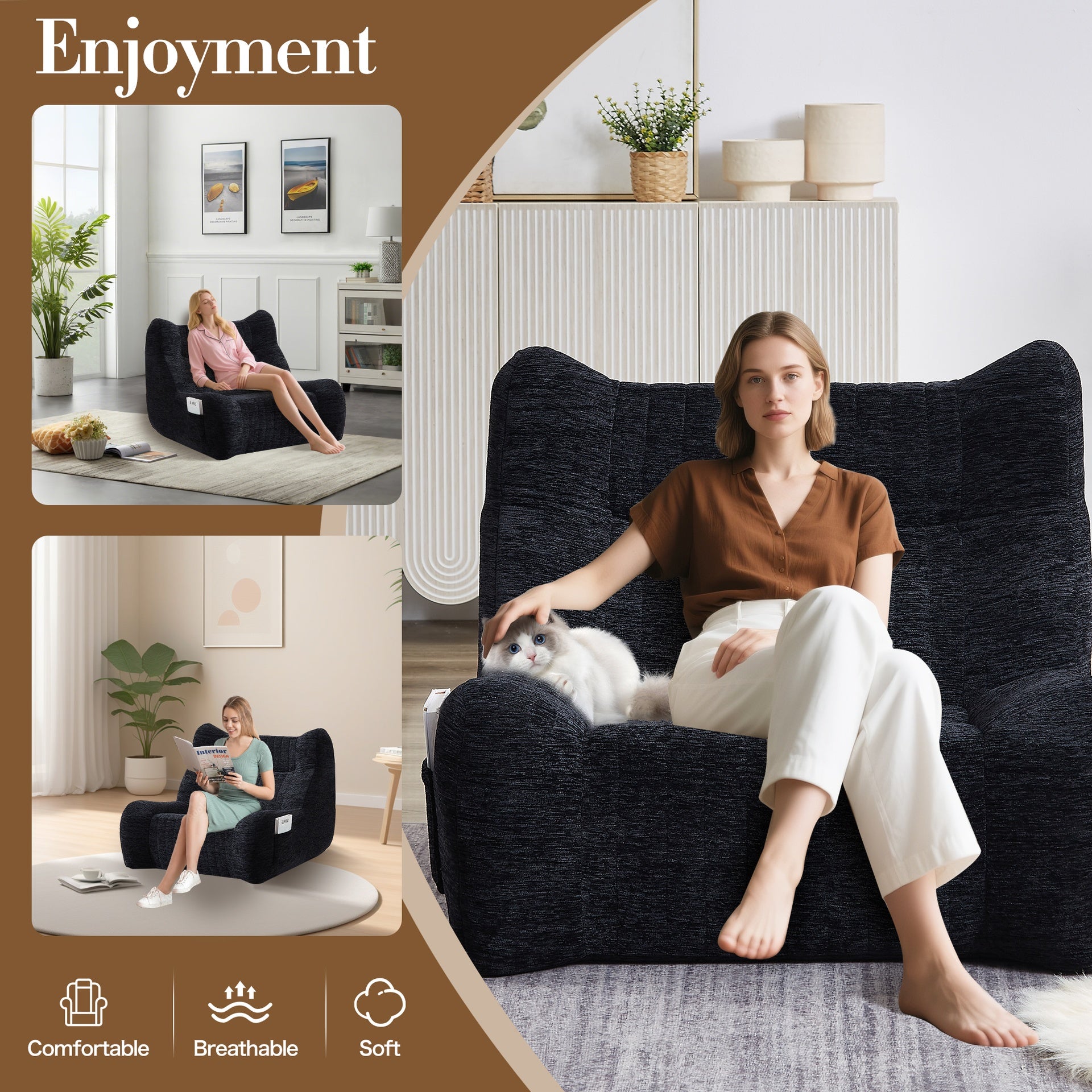 Bean Bag Chair for Adults with Armrests - Oversized Comfy Beanbag Lounge Lazy Floor Sofa Accent Chair for Living Room, Bedroom (Black)