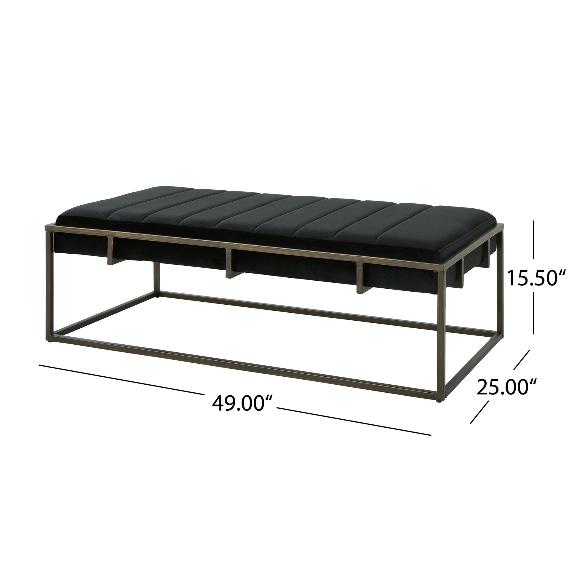 Upholstered Velvet Ottoman Bench with Brass Finish, Black