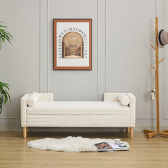 65.35"Wide Upholstered Flip-top Storage Accent Bed Bench, Corduroy Footrest Ottoman with Armrests&Backrest&2 Bolster Pillows Wood Legs for Living Room, End of Bed, Hallway, Entryway Bedroom. Ivory