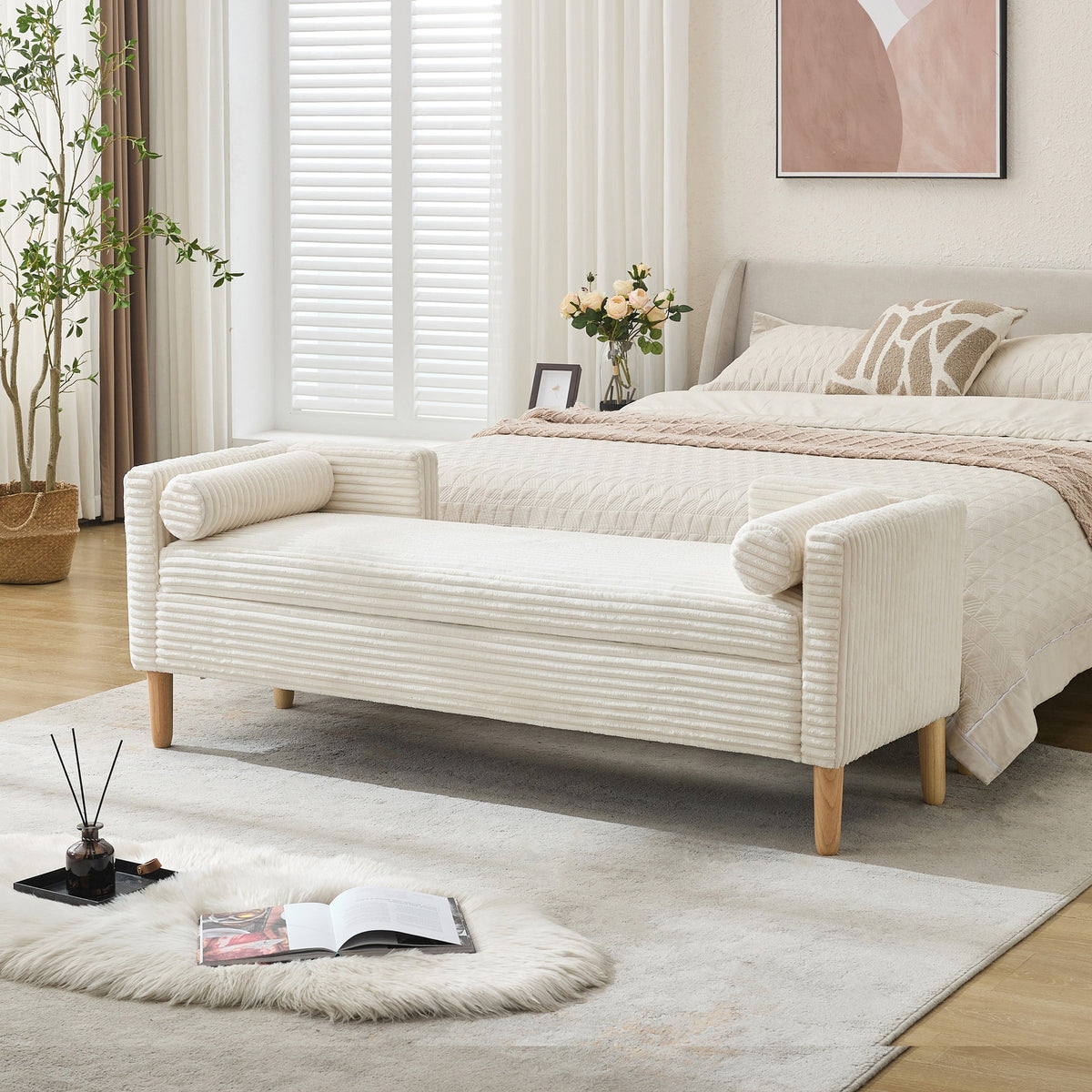 65.35"Wide Upholstered Flip-top Storage Accent Bed Bench, Corduroy Footrest Ottoman with Armrests&Backrest&2 Bolster Pillows Wood Legs for Living Room, End of Bed, Hallway, Entryway Bedroom. Ivory