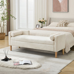 65.35"Wide Upholstered Flip-top Storage Accent Bed Bench, Corduroy Footrest Ottoman with Armrests&Backrest&2 Bolster Pillows Wood Legs for Living Room, End of Bed, Hallway, Entryway Bedroom. Ivory