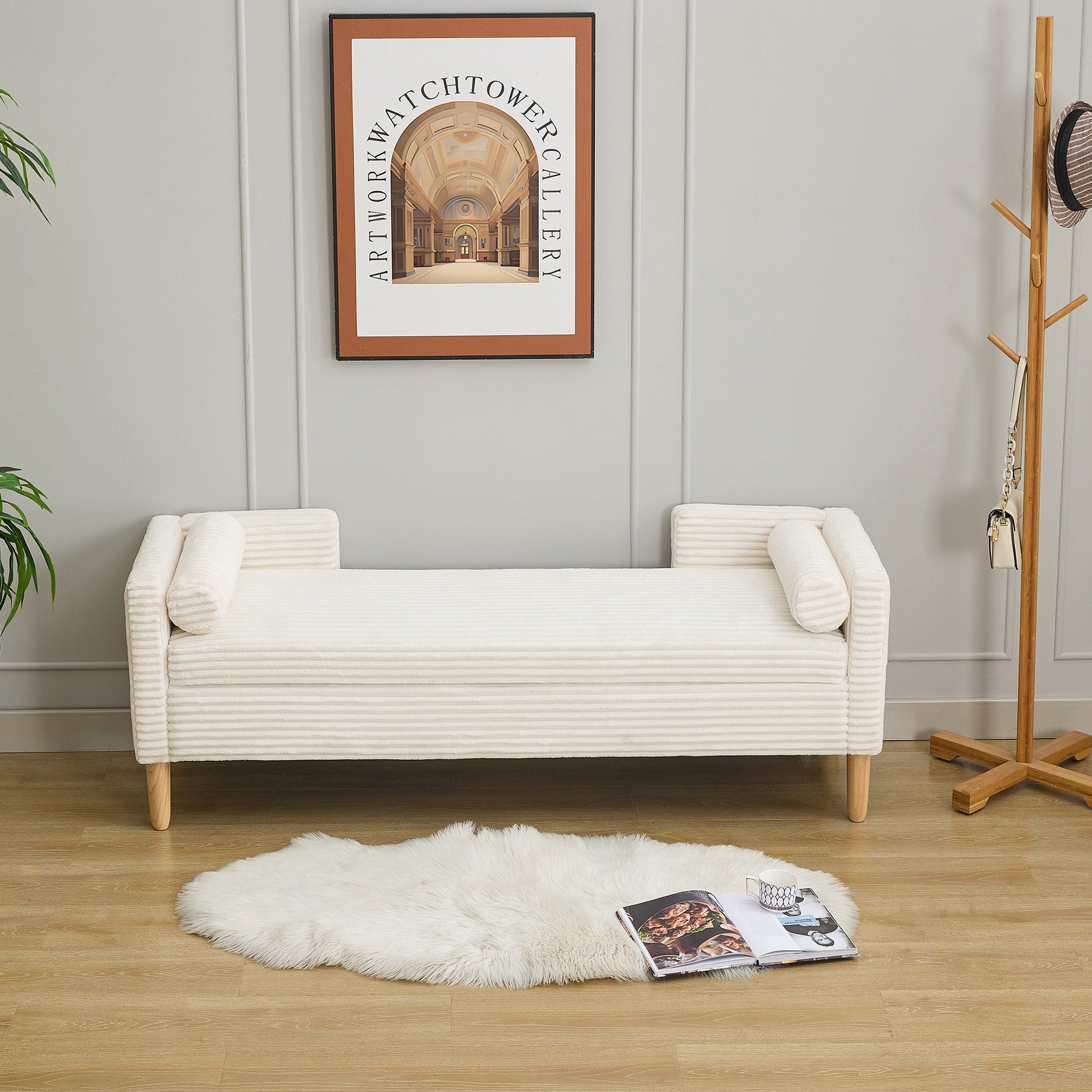 65.35"Wide Upholstered Flip-top Storage Accent Bed Bench, Corduroy Footrest Ottoman with Armrests&Backrest&2 Bolster Pillows Wood Legs for Living Room, End of Bed, Hallway, Entryway Bedroom. Ivory
