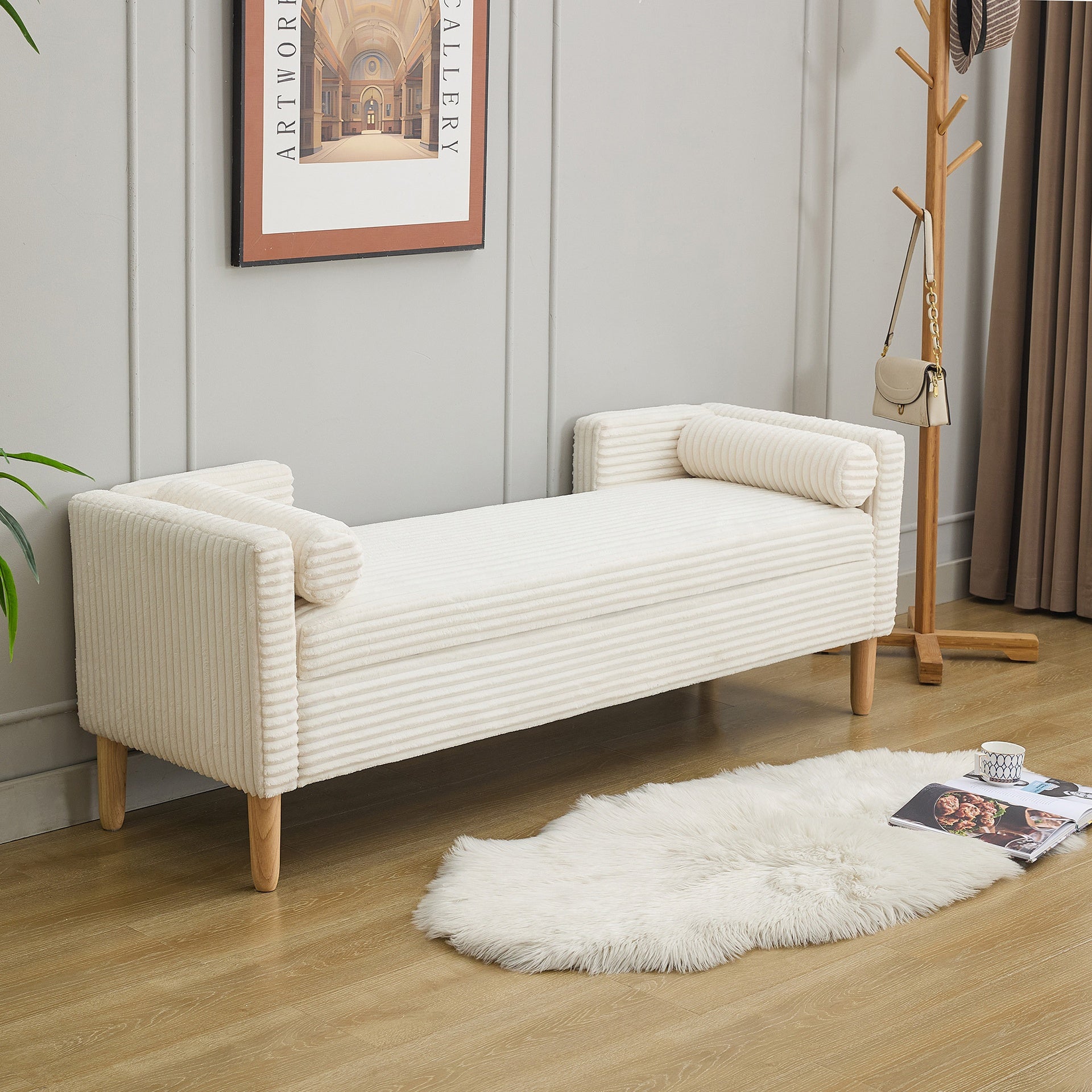 65.35"Wide Upholstered Flip-top Storage Accent Bed Bench, Corduroy Footrest Ottoman with Armrests&Backrest&2 Bolster Pillows Wood Legs for Living Room, End of Bed, Hallway, Entryway Bedroom. Ivory