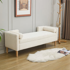 65.35"Wide Upholstered Flip-top Storage Accent Bed Bench, Corduroy Footrest Ottoman with Armrests&Backrest&2 Bolster Pillows Wood Legs for Living Room, End of Bed, Hallway, Entryway Bedroom. Ivory