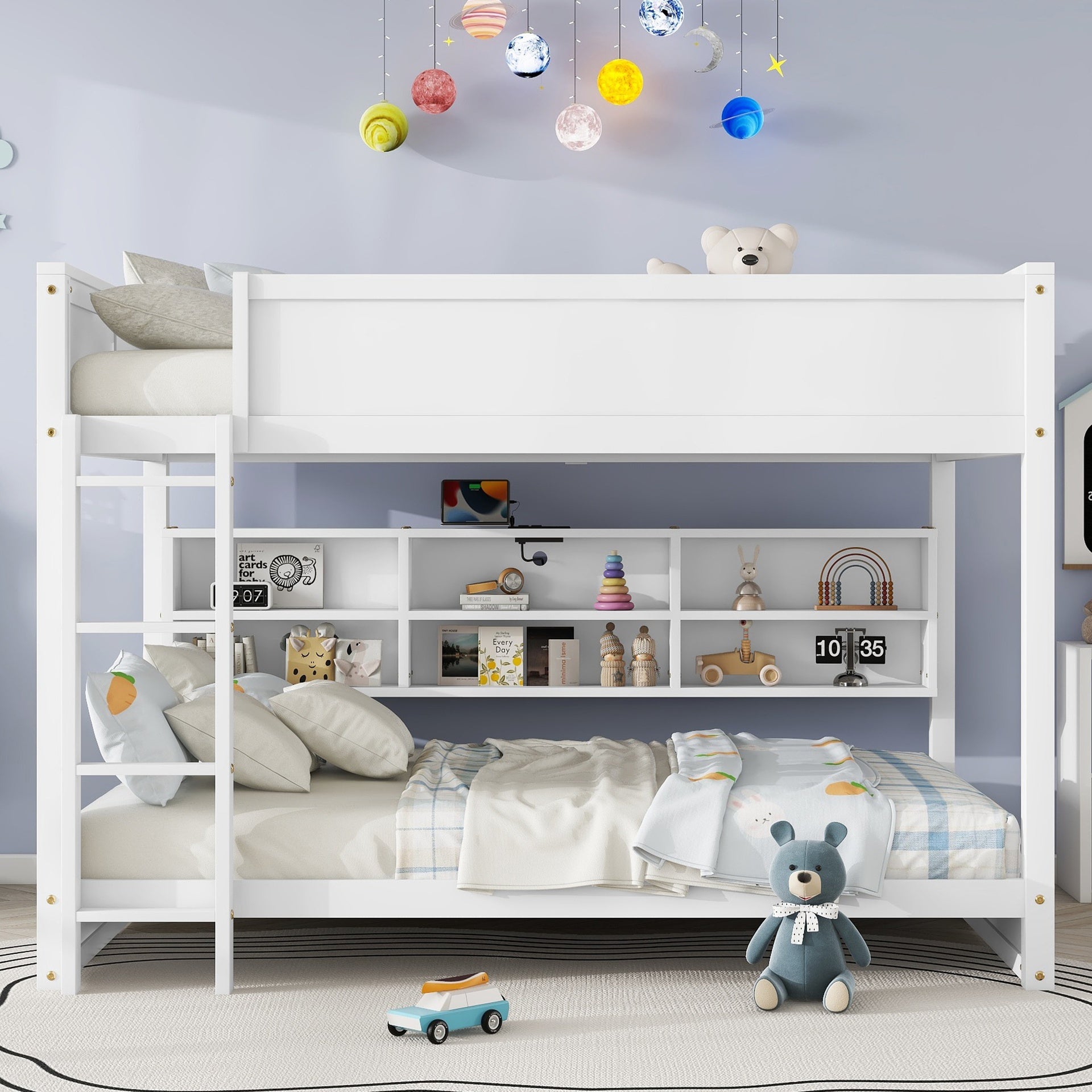 Queen Over Queen Bunk Bed with Built-in Storage Cabinets,Charging Station,Ladder,Safety Guardrails,Solid Pine Wood Bunk Bed,White