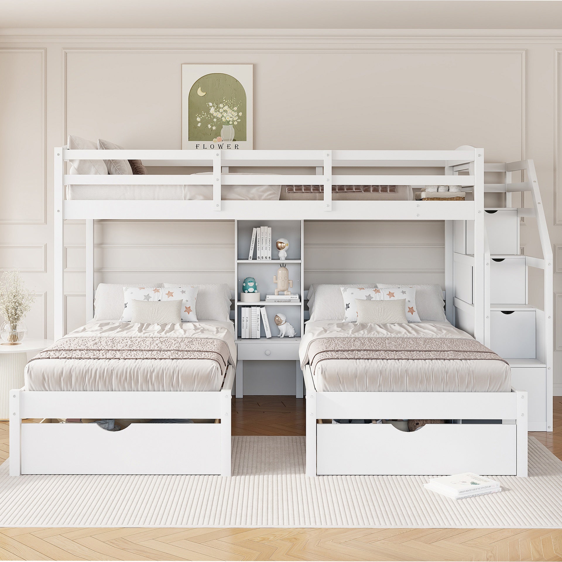 Twin over Twin&Twin Bunk Bed, Triple Bunk Bed with Drawers, Staircase with Storage, Built-in Shelves, White