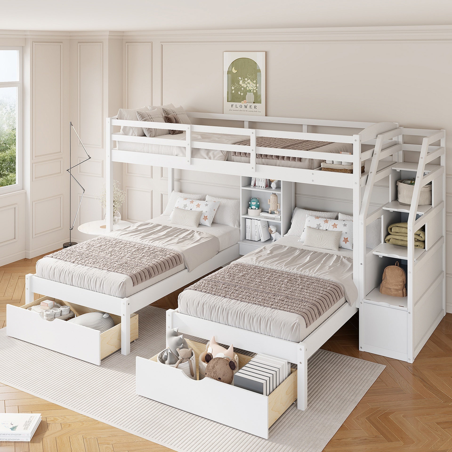 Twin over Twin&Twin Bunk Bed, Triple Bunk Bed with Drawers, Staircase with Storage, Built-in Shelves, White