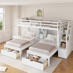 Twin over Twin&Twin Bunk Bed, Triple Bunk Bed with Drawers, Staircase with Storage, Built-in Shelves, White