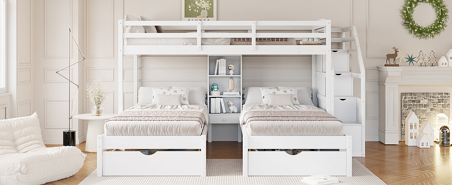 Twin over Twin&Twin Bunk Bed, Triple Bunk Bed with Drawers, Staircase with Storage, Built-in Shelves, White