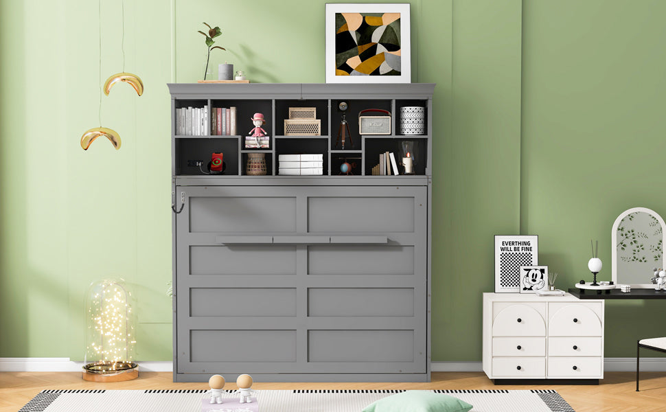 Queen Size Murphy Bed Wall Bed with Top Shelves & USB,Gray