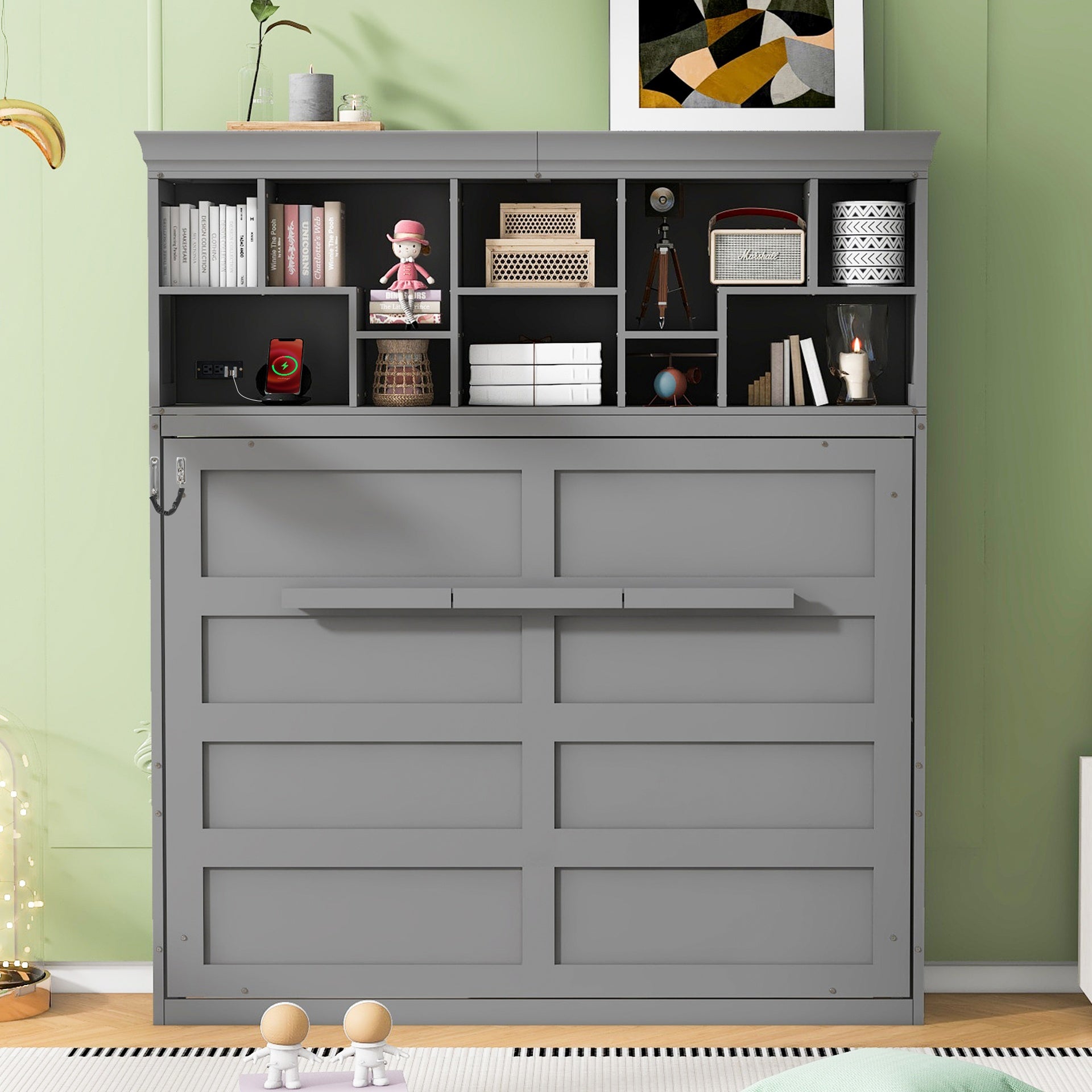 Queen Size Murphy Bed Wall Bed with Top Shelves & USB,Gray