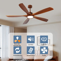 60 inch  Wood Ceiling Fans with Lights and Remote, 5 solid wood blades,Modern  Low Profile Ceiling Fan with Light, 6 Speed, Reversible DC Motor, for Bedroom/Outdoor/Farmhouse/Patios