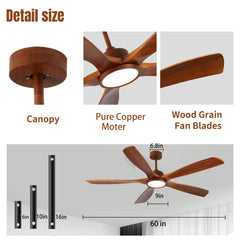 60 inch  Wood Ceiling Fans with Lights and Remote, 5 solid wood blades,Modern  Low Profile Ceiling Fan with Light, 6 Speed, Reversible DC Motor, for Bedroom/Outdoor/Farmhouse/Patios