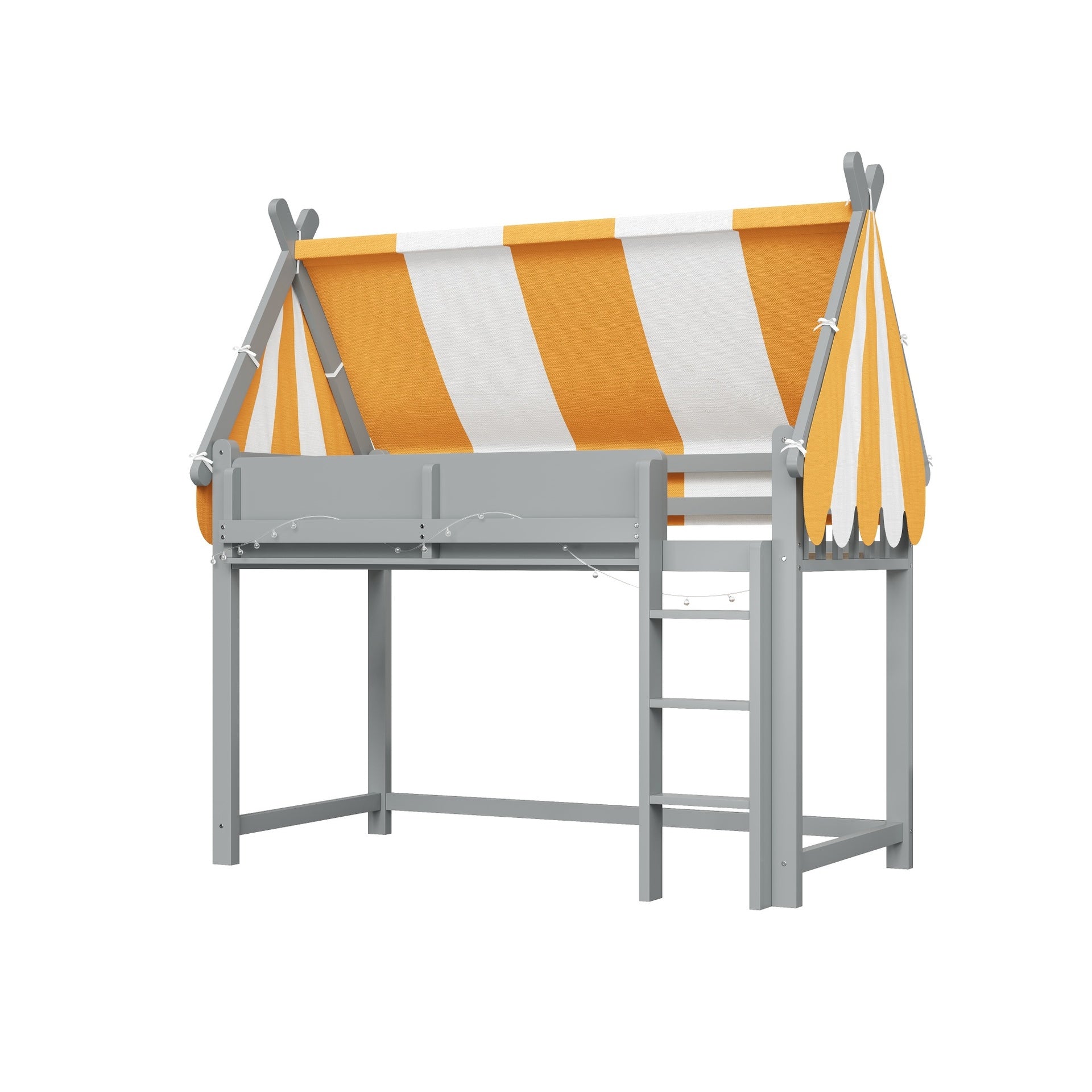 Full Size Loft Bed with Canopy, LED Lights & Book Shelf, Gray
